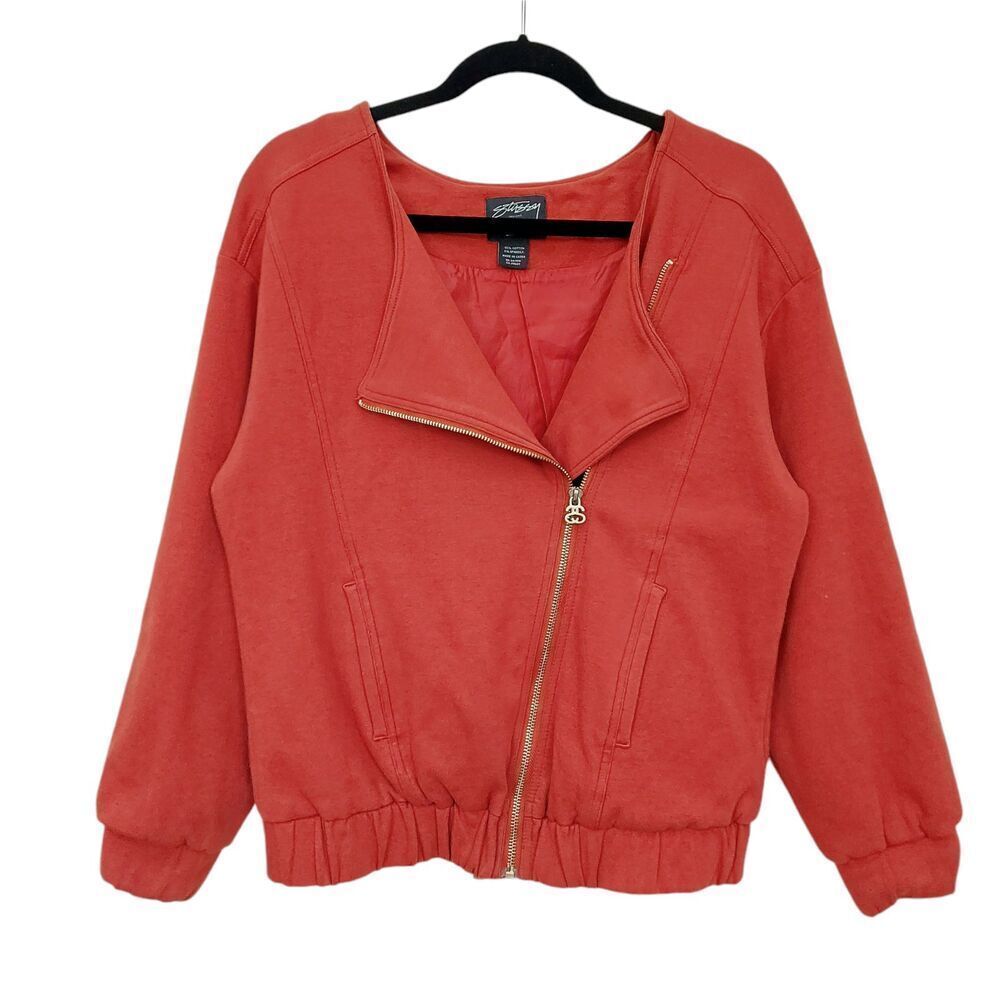 Stussy Moto Jacket Womens Large Burnt Orange Asymmetrical Zip Cinched Waistband
